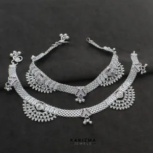 Real Sterling Silver Indian women brides collection wedding Multi CZ Anklets Ankle Pair 10.2"