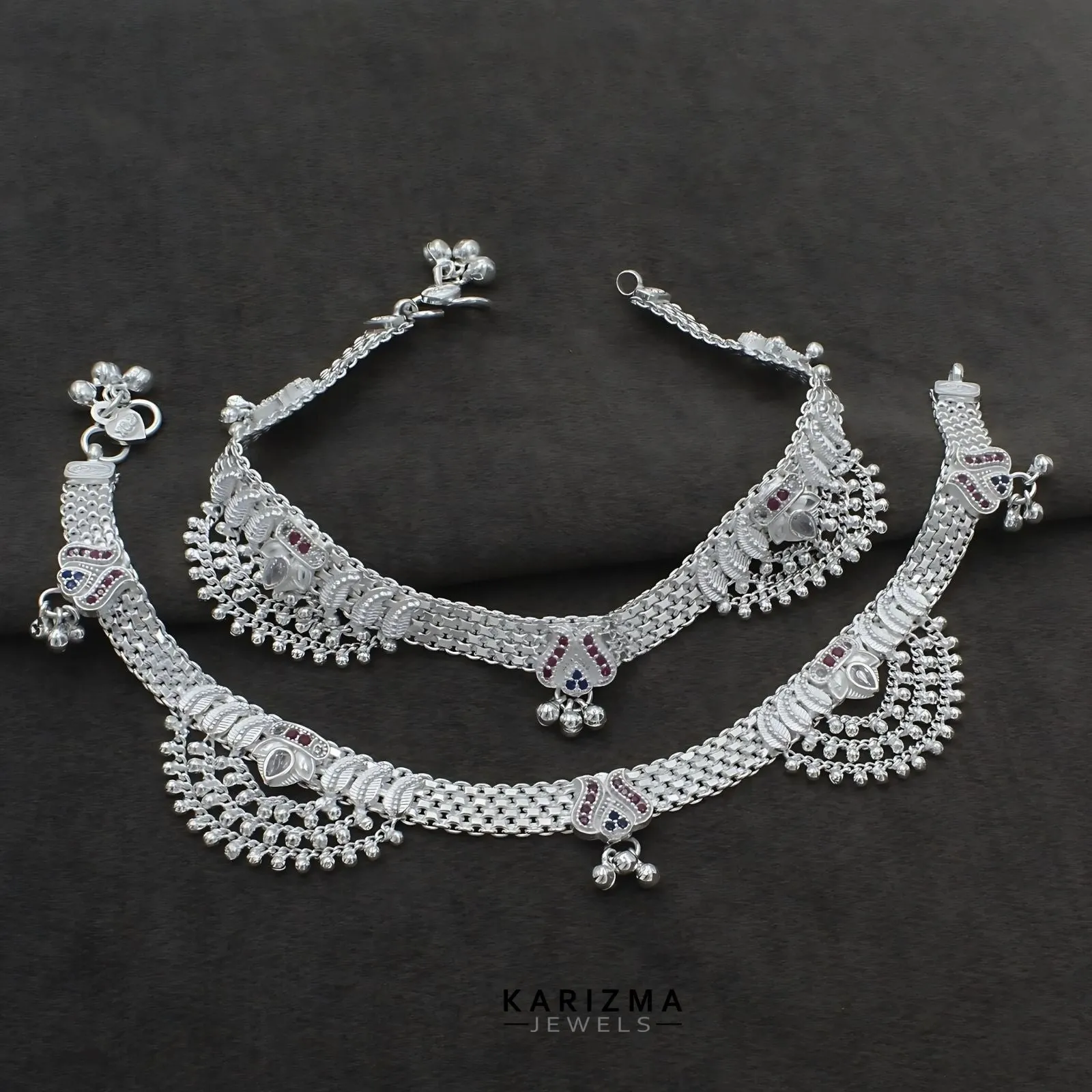 Real Sterling Silver Indian women brides collection wedding Multi CZ Anklets Ankle Pair 10.2"