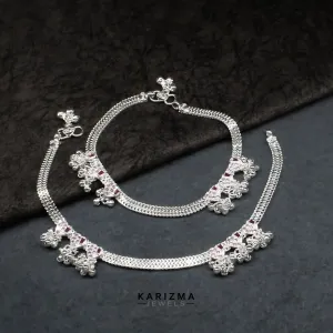 Real Sterling Silver Indian women Pink CZ gorgeous Bridal Anklet Ankle Bracelet 10.3"