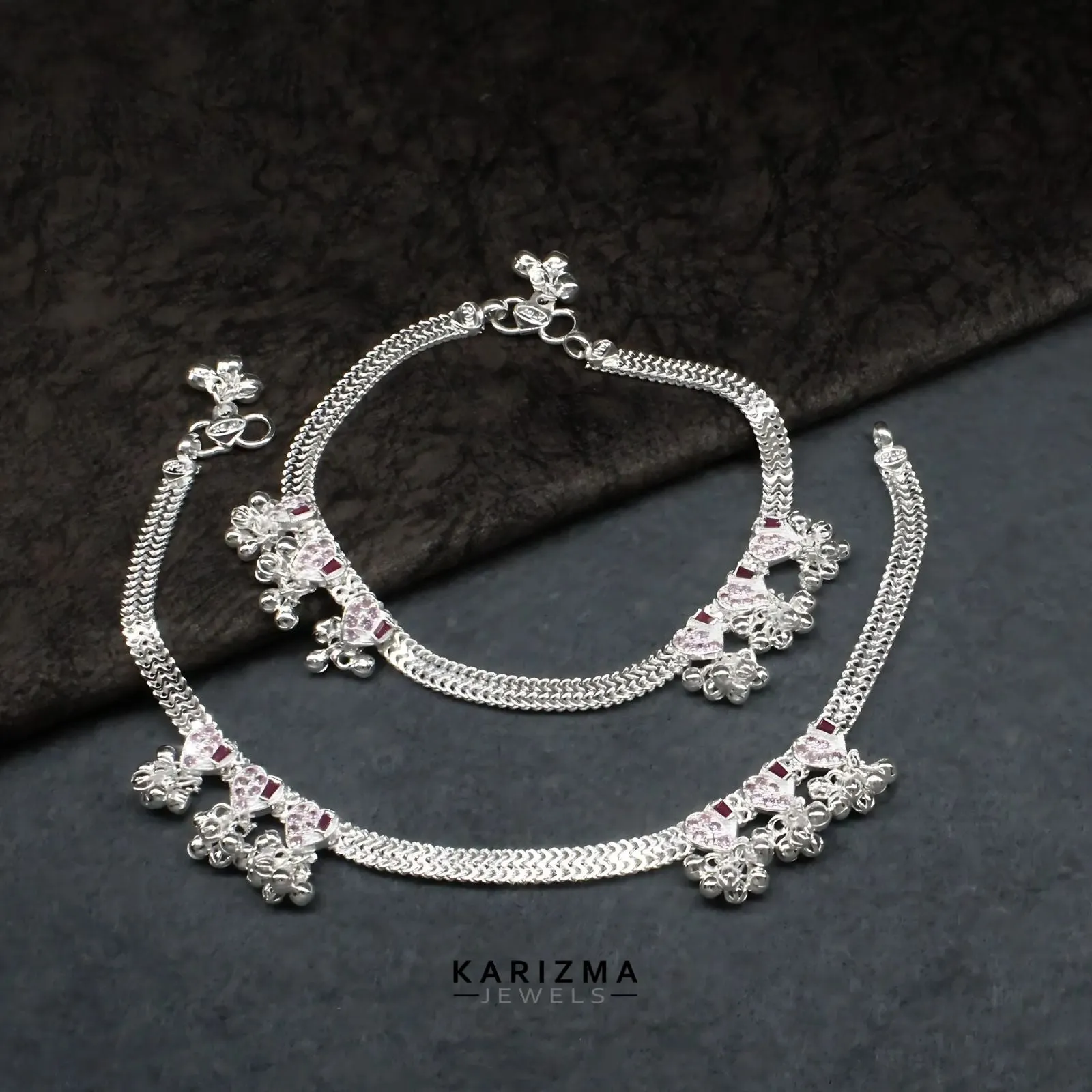 Real Sterling Silver Indian women Pink CZ gorgeous Bridal Anklet Ankle Bracelet 10.3"