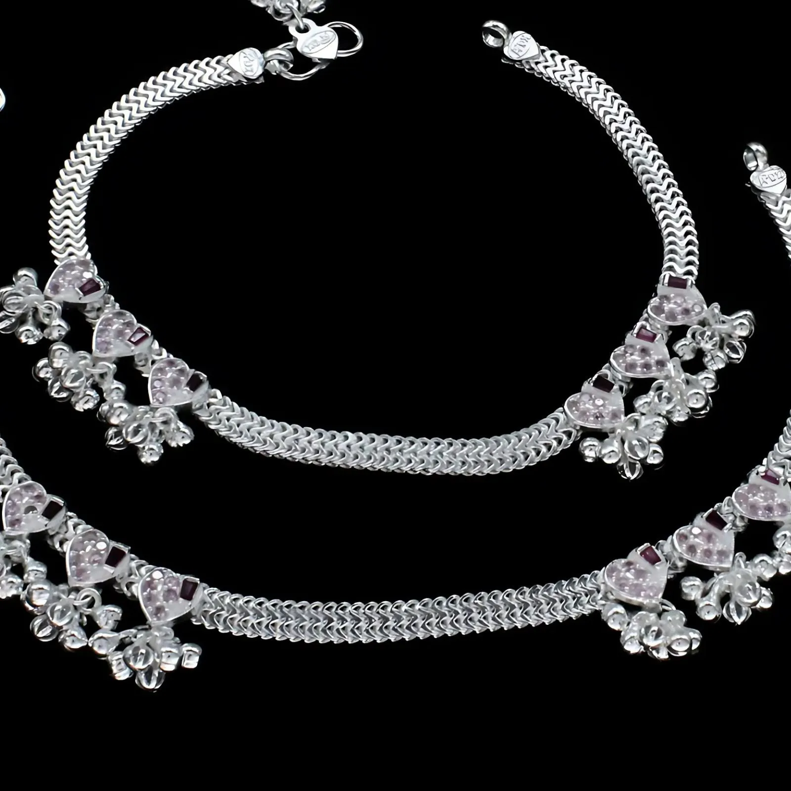 Real Sterling Silver Indian women Pink CZ gorgeous Bridal Anklet Ankle Bracelet 10.3"