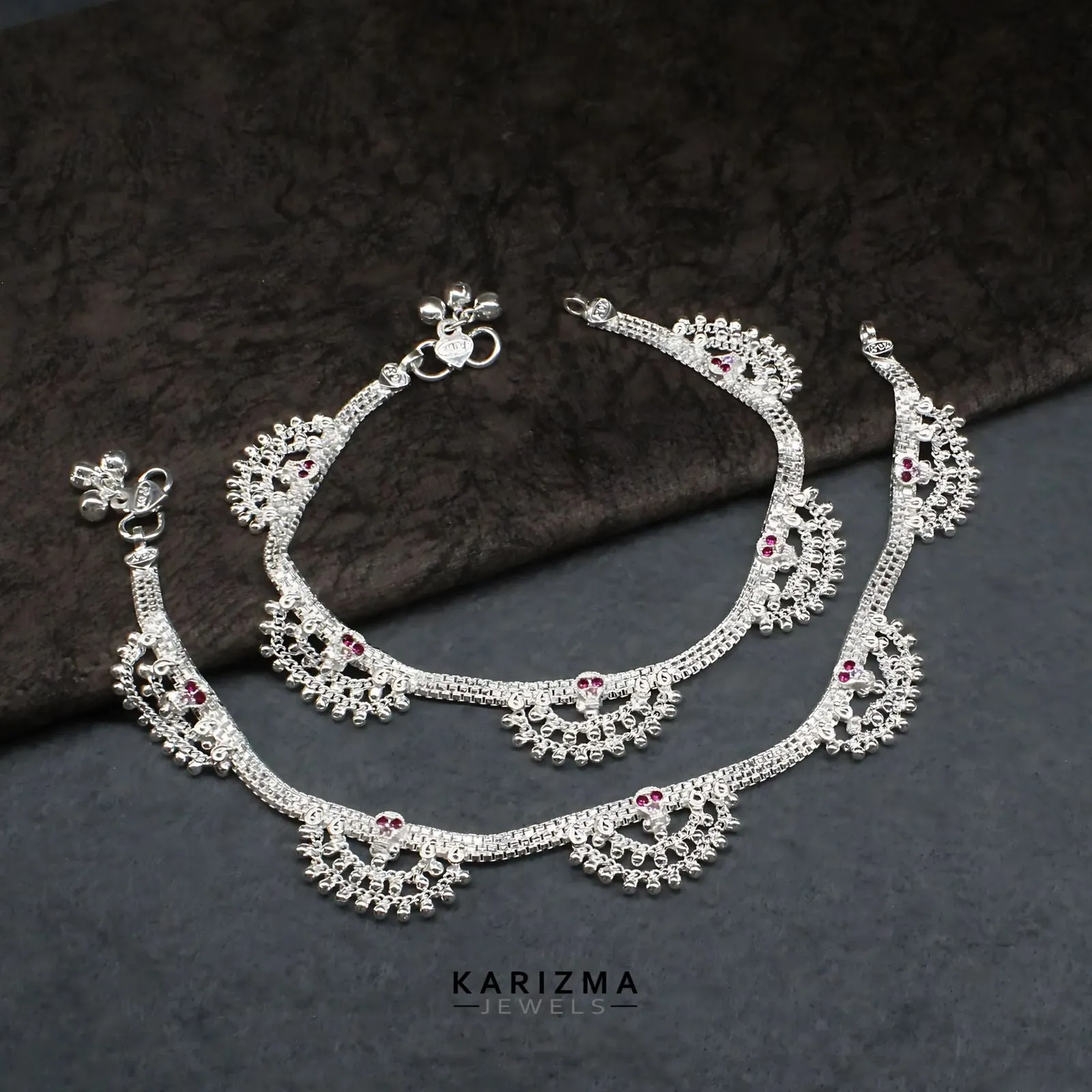 Real Sterling Silver Pink CZ Indian women amazing Anklet Ankle Bracelet 10.3"