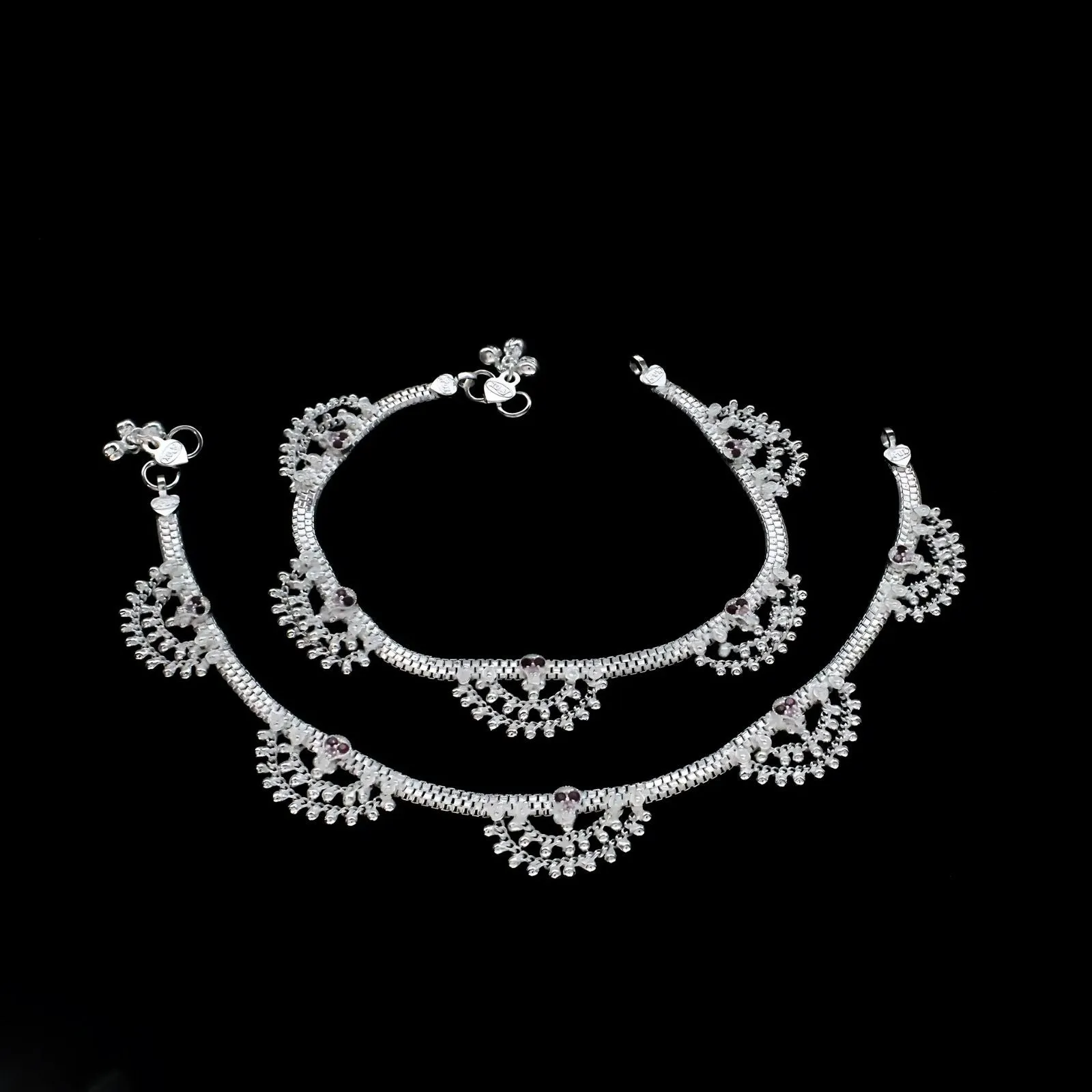 Real Sterling Silver Pink CZ Indian women amazing Anklet Ankle Bracelet 10.3"