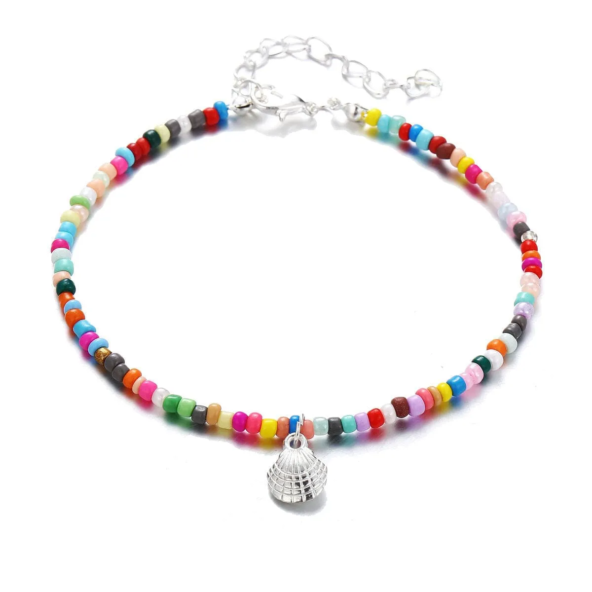 Red & Silver-Plated Shell Charm Anklet