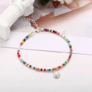 Red & Silver-Plated Shell Charm Anklet