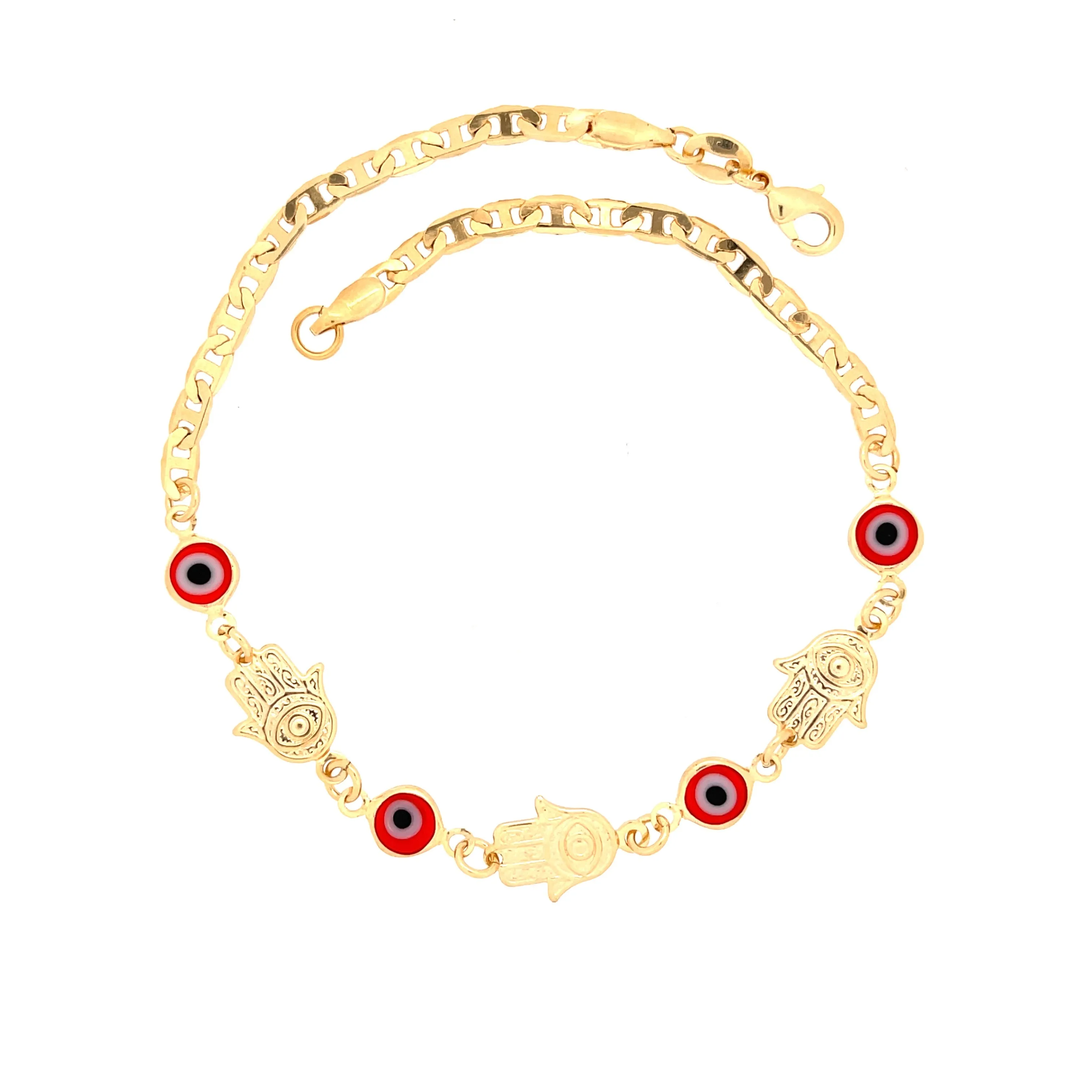 Red Evil Eye Hamsa Hand Charm Anklet 14k Gold filled Mariner link