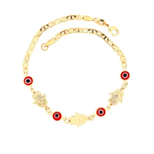Red Evil Eye Hamsa Hand Charm Anklet 14k Gold filled Mariner link