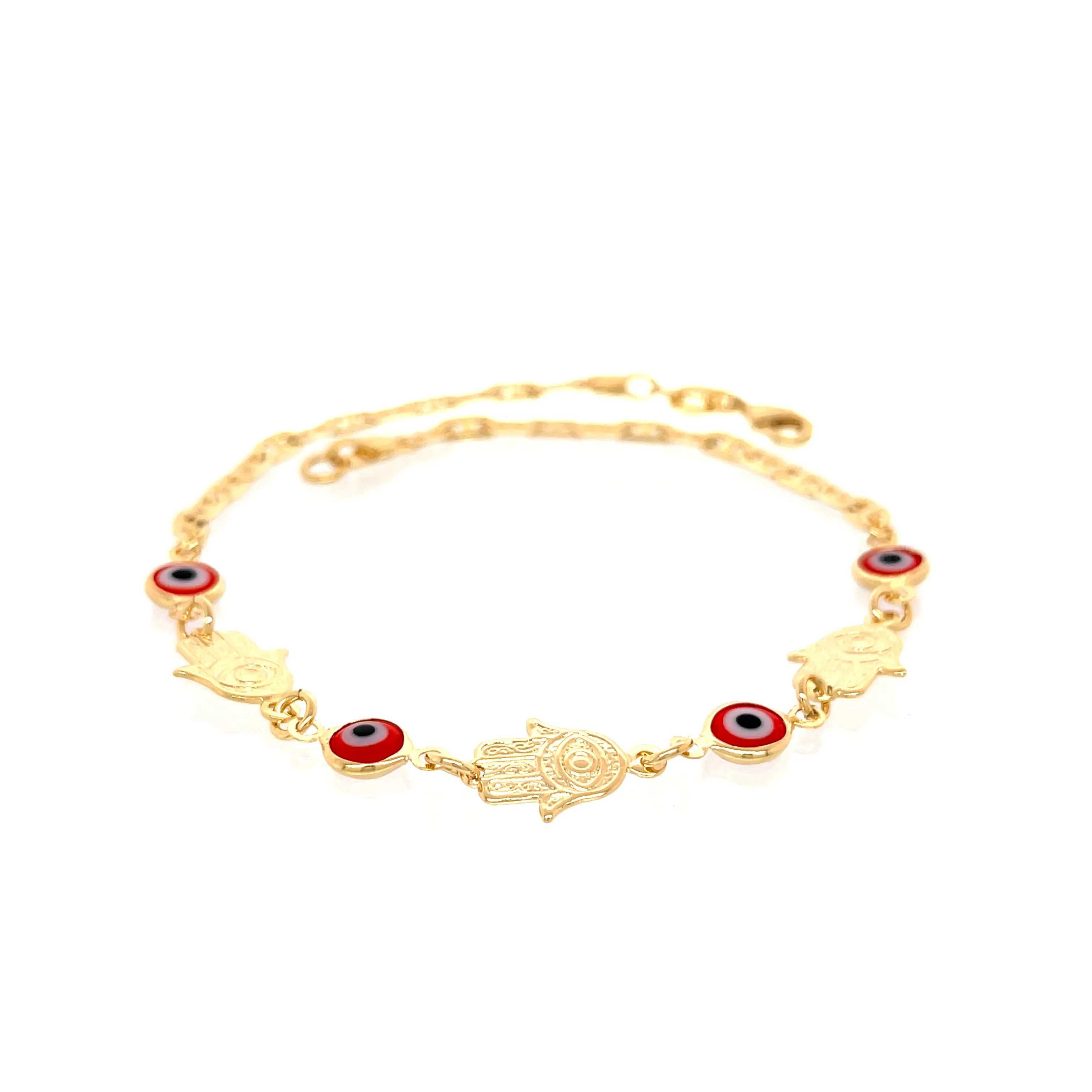 Red Evil Eye Hamsa Hand Charm Anklet 14k Gold filled Mariner link