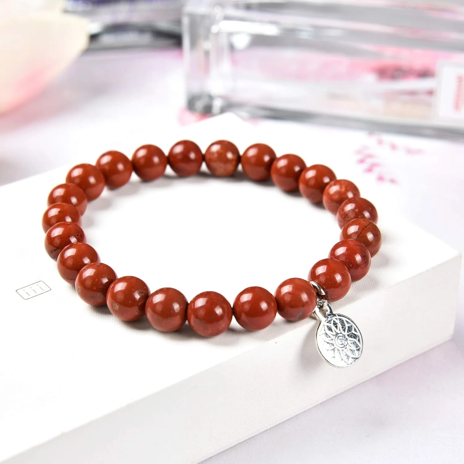 Red Jasper Bracelet | Stretchy Chakra Healing Gemstone Boho Quartz Bracelet | Elastic Mood Enhancing Mala Jewelry for Men Women Unisex by Crystal Agate