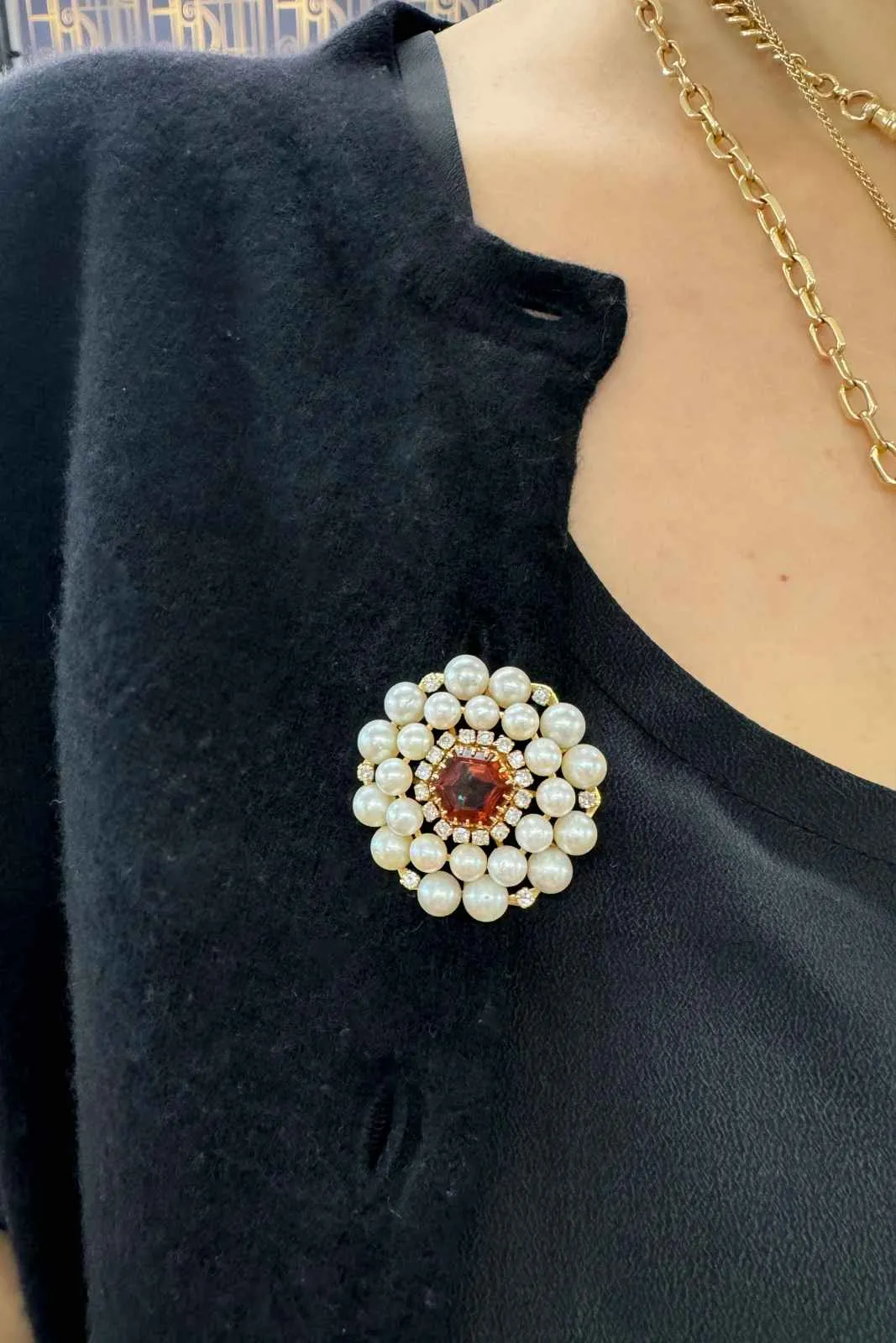 Retro Hexagonal 4.75 Ct. Citrine, Pearl, & Diamond Brooch