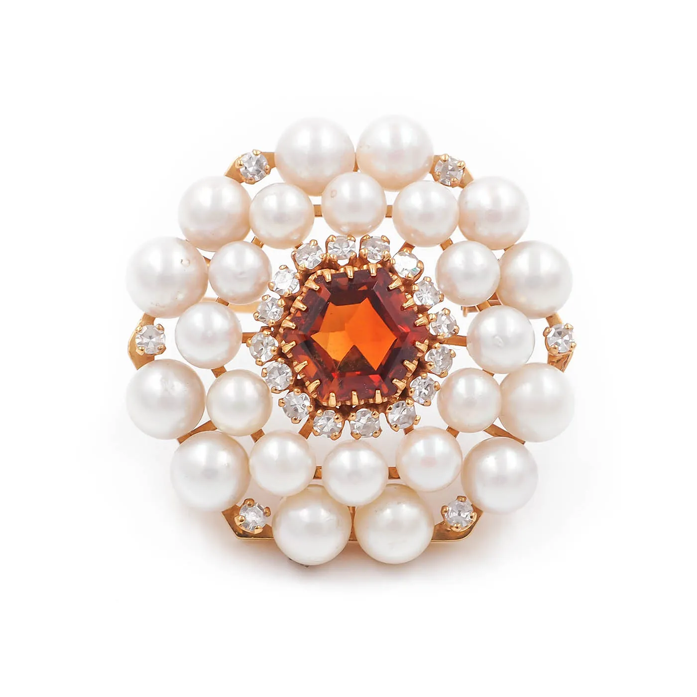 Retro Hexagonal 4.75 Ct. Citrine, Pearl, & Diamond Brooch