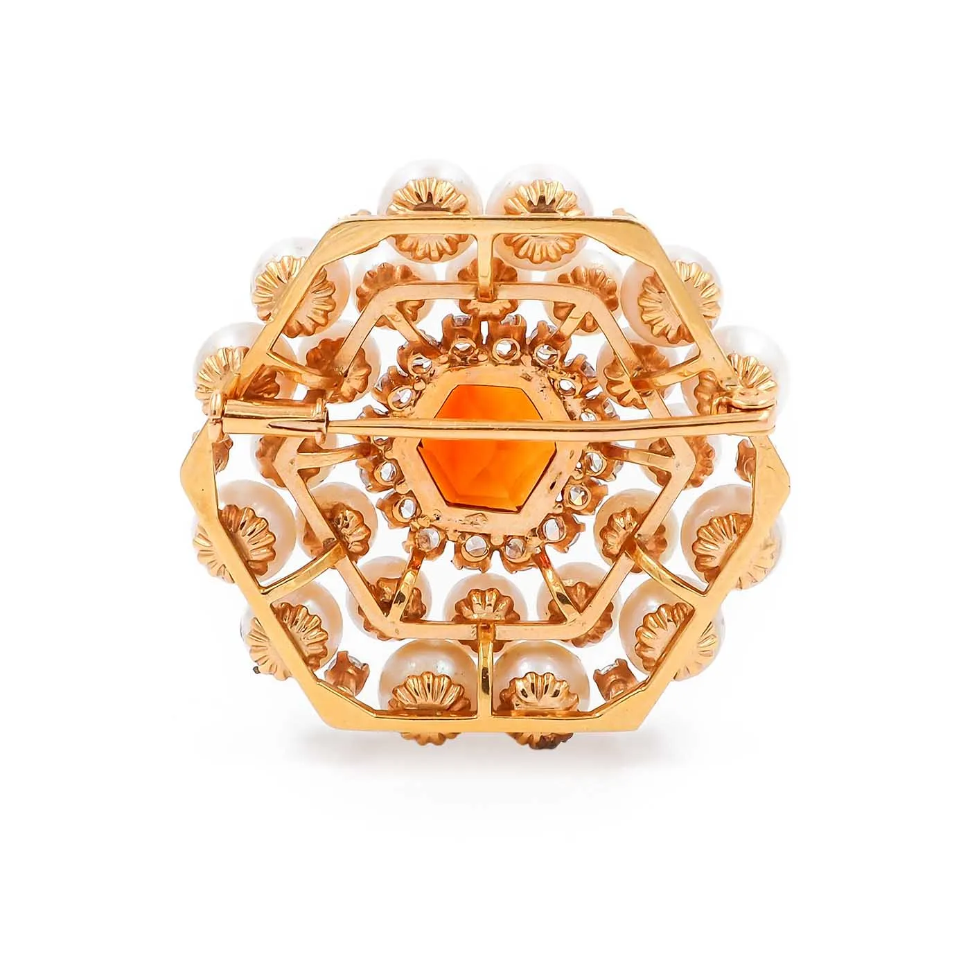 Retro Hexagonal 4.75 Ct. Citrine, Pearl, & Diamond Brooch