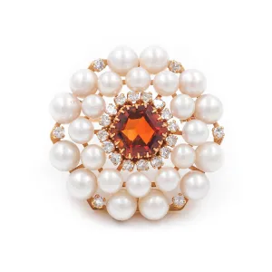 Retro Hexagonal 4.75 Ct. Citrine, Pearl, & Diamond Brooch