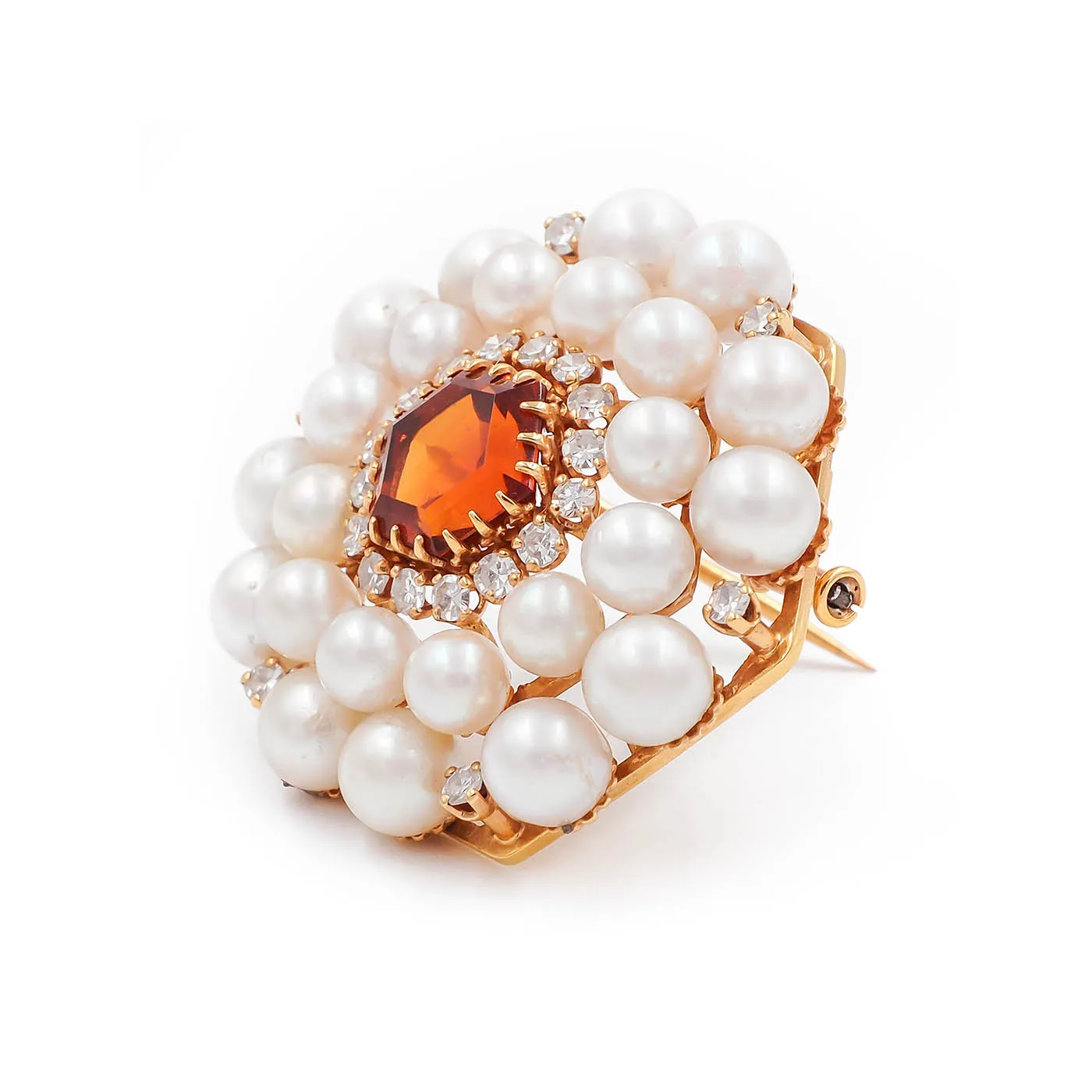 Retro Hexagonal 4.75 Ct. Citrine, Pearl, & Diamond Brooch