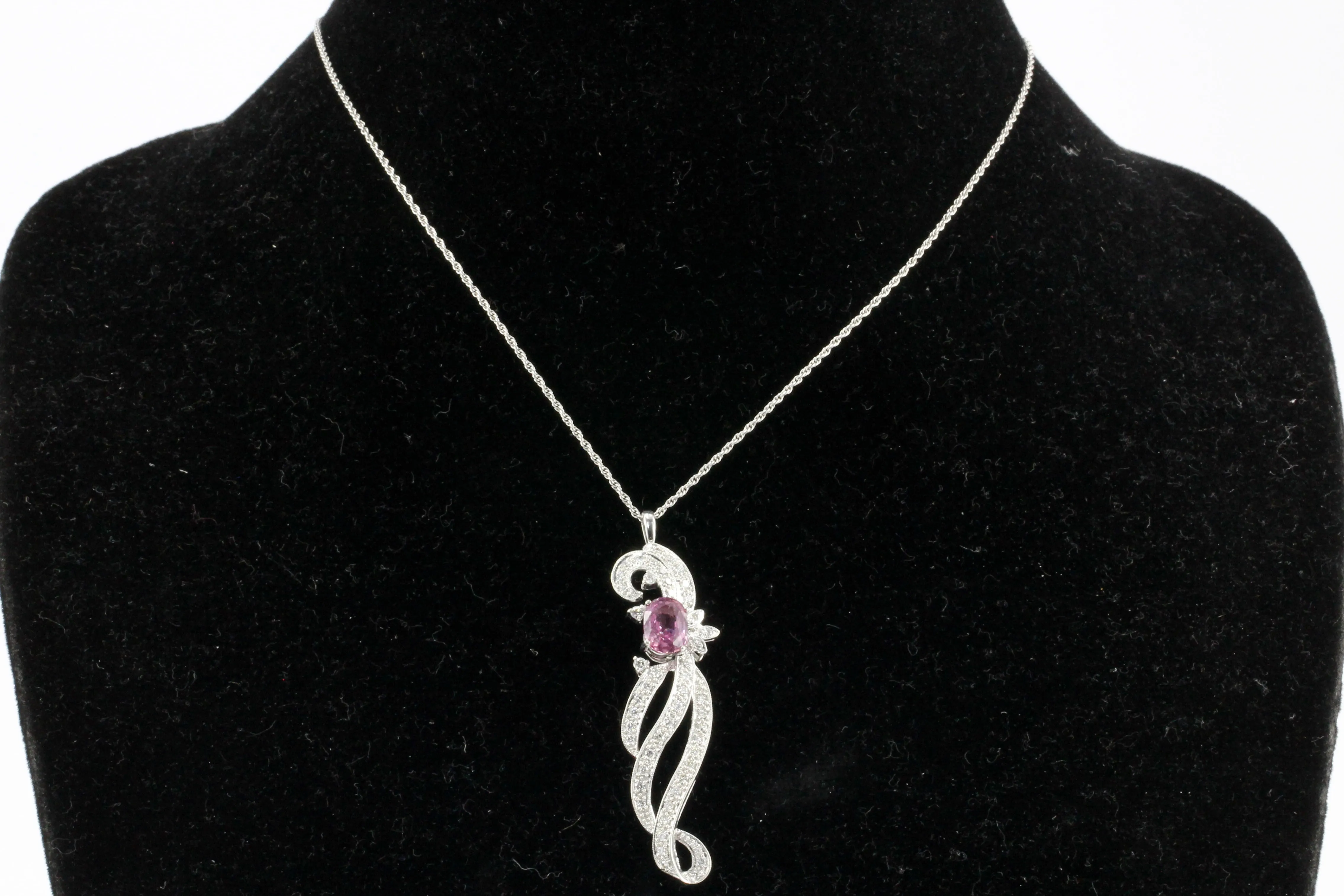 Retro Natural Ceylon Pink Sapphire and Diamond Pendant Necklace