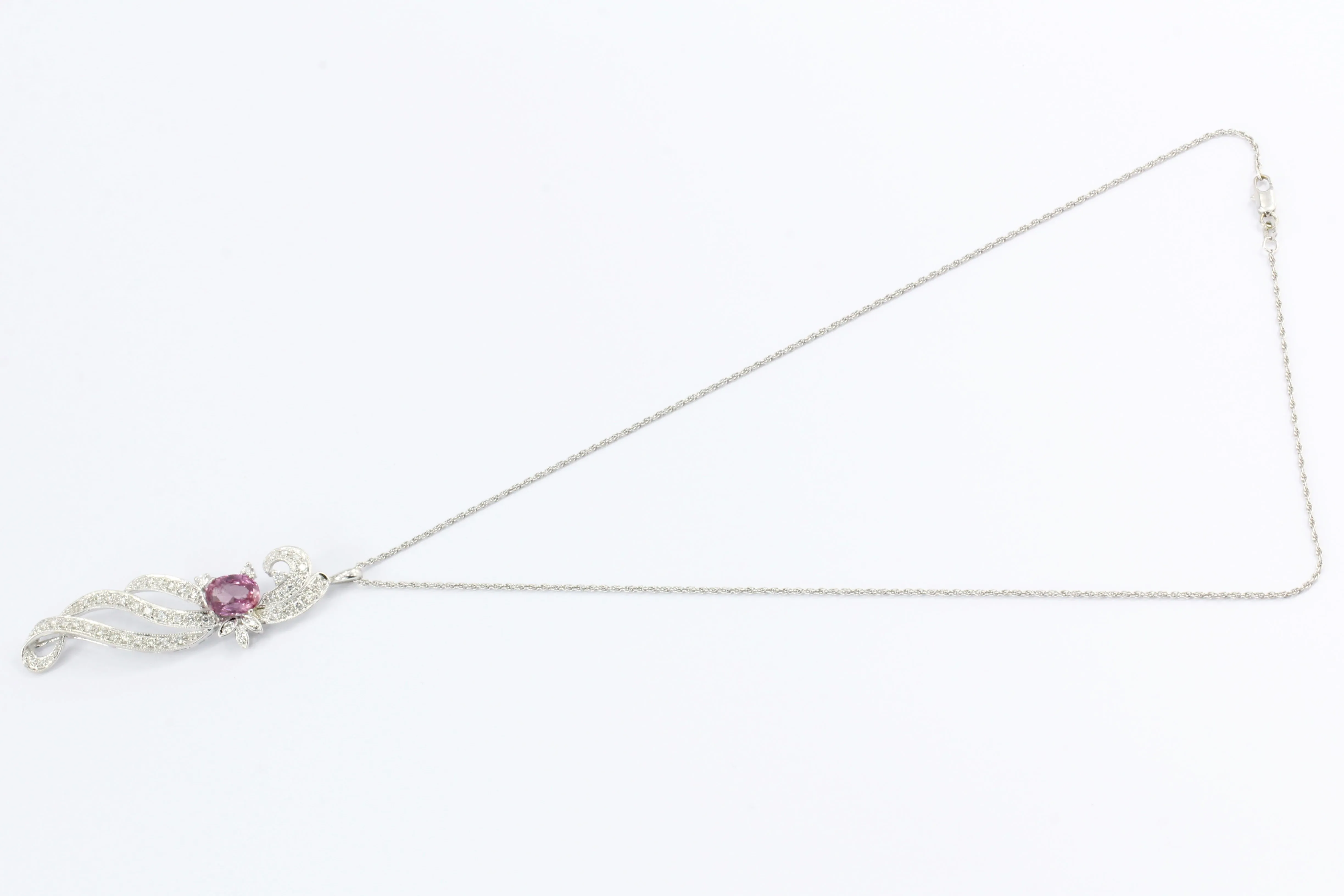 Retro Natural Ceylon Pink Sapphire and Diamond Pendant Necklace