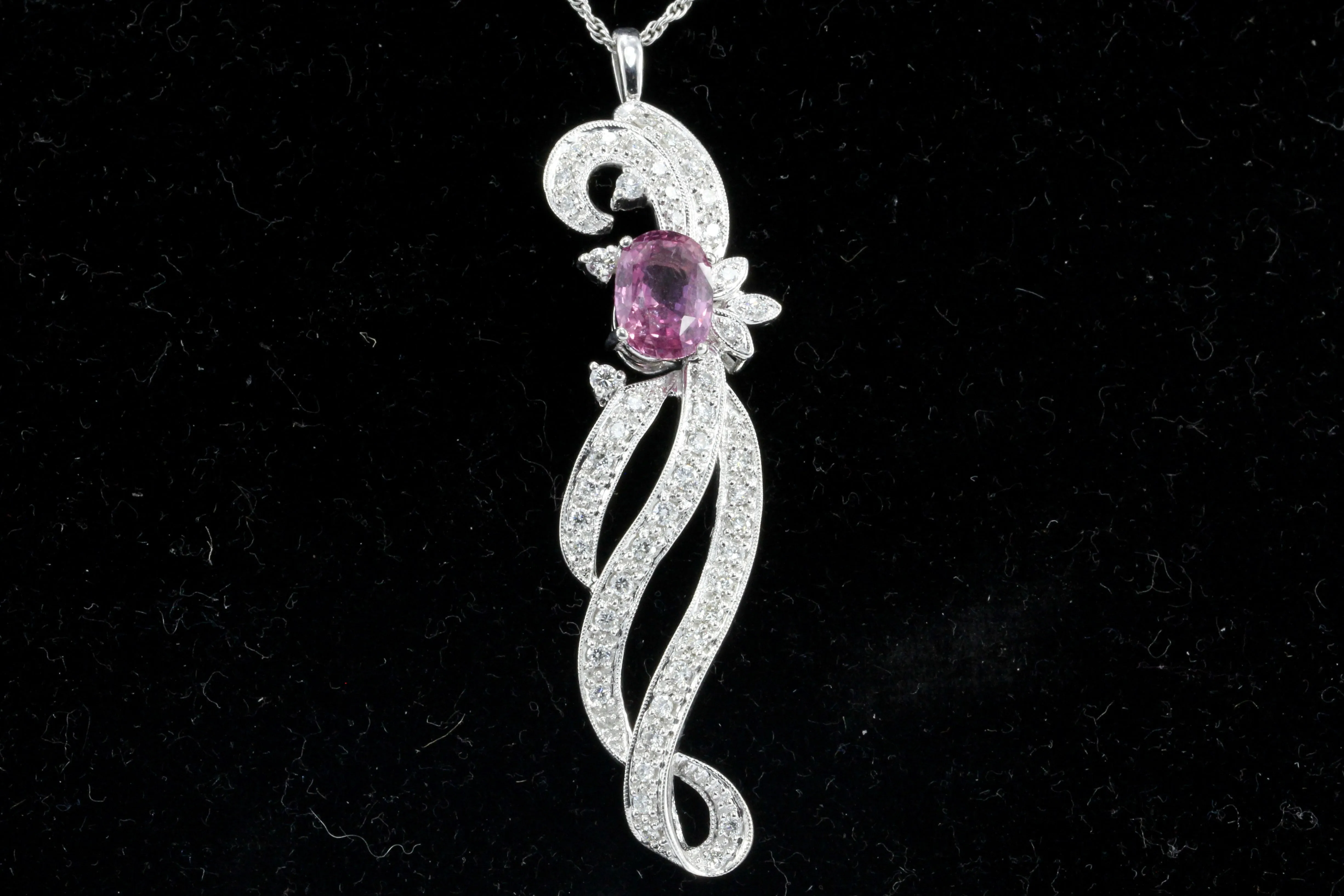 Retro Natural Ceylon Pink Sapphire and Diamond Pendant Necklace