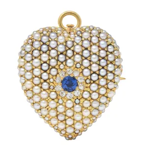 Riker Brothers Victorian Sapphire Diamond Pearl 14 Karat Gold Antique Heart Pendant Brooch