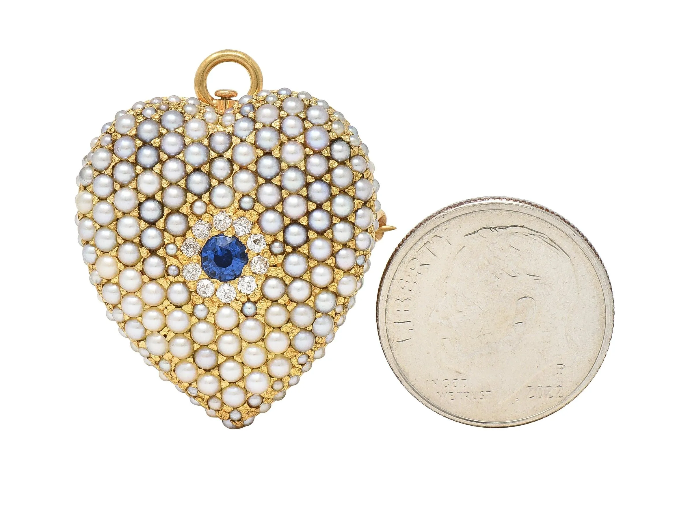 Riker Brothers Victorian Sapphire Diamond Pearl 14 Karat Gold Antique Heart Pendant Brooch
