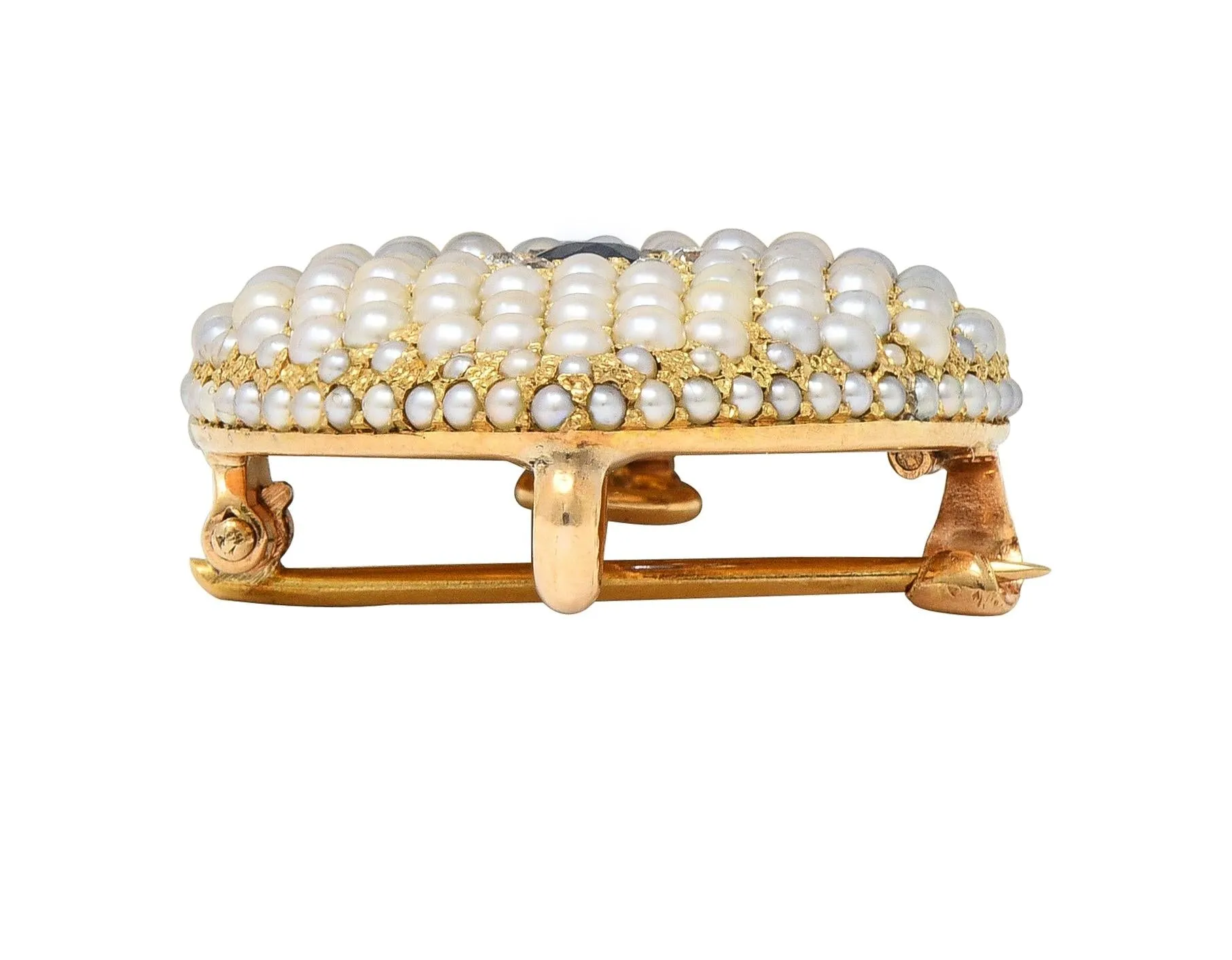 Riker Brothers Victorian Sapphire Diamond Pearl 14 Karat Gold Antique Heart Pendant Brooch