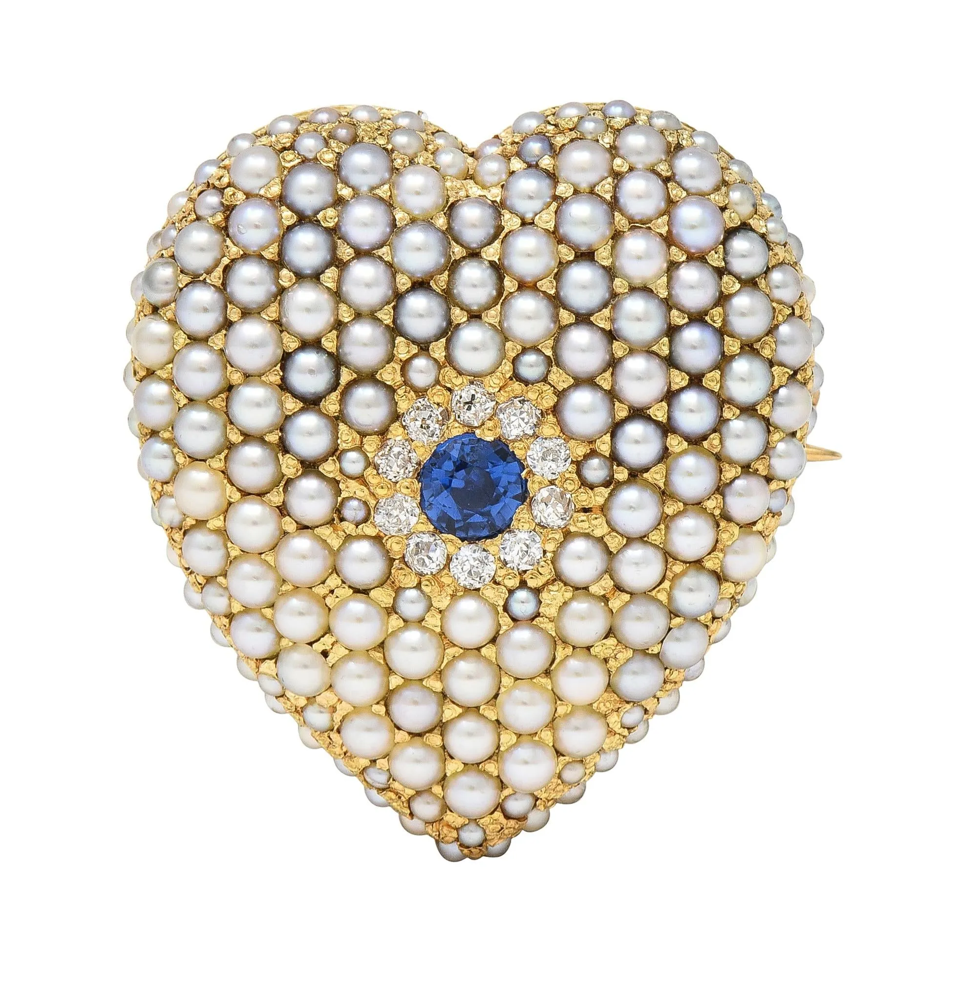 Riker Brothers Victorian Sapphire Diamond Pearl 14 Karat Gold Antique Heart Pendant Brooch