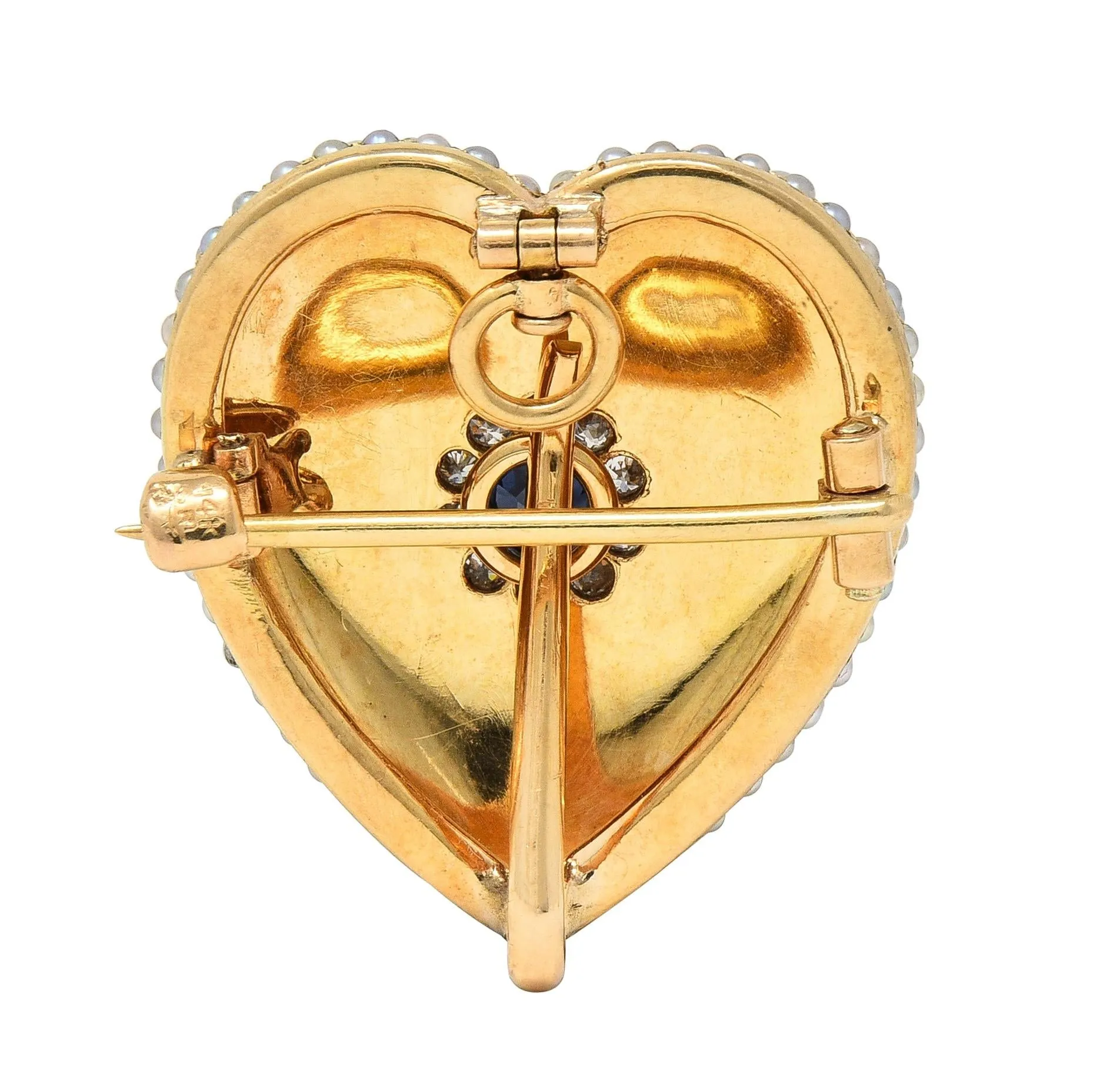 Riker Brothers Victorian Sapphire Diamond Pearl 14 Karat Gold Antique Heart Pendant Brooch