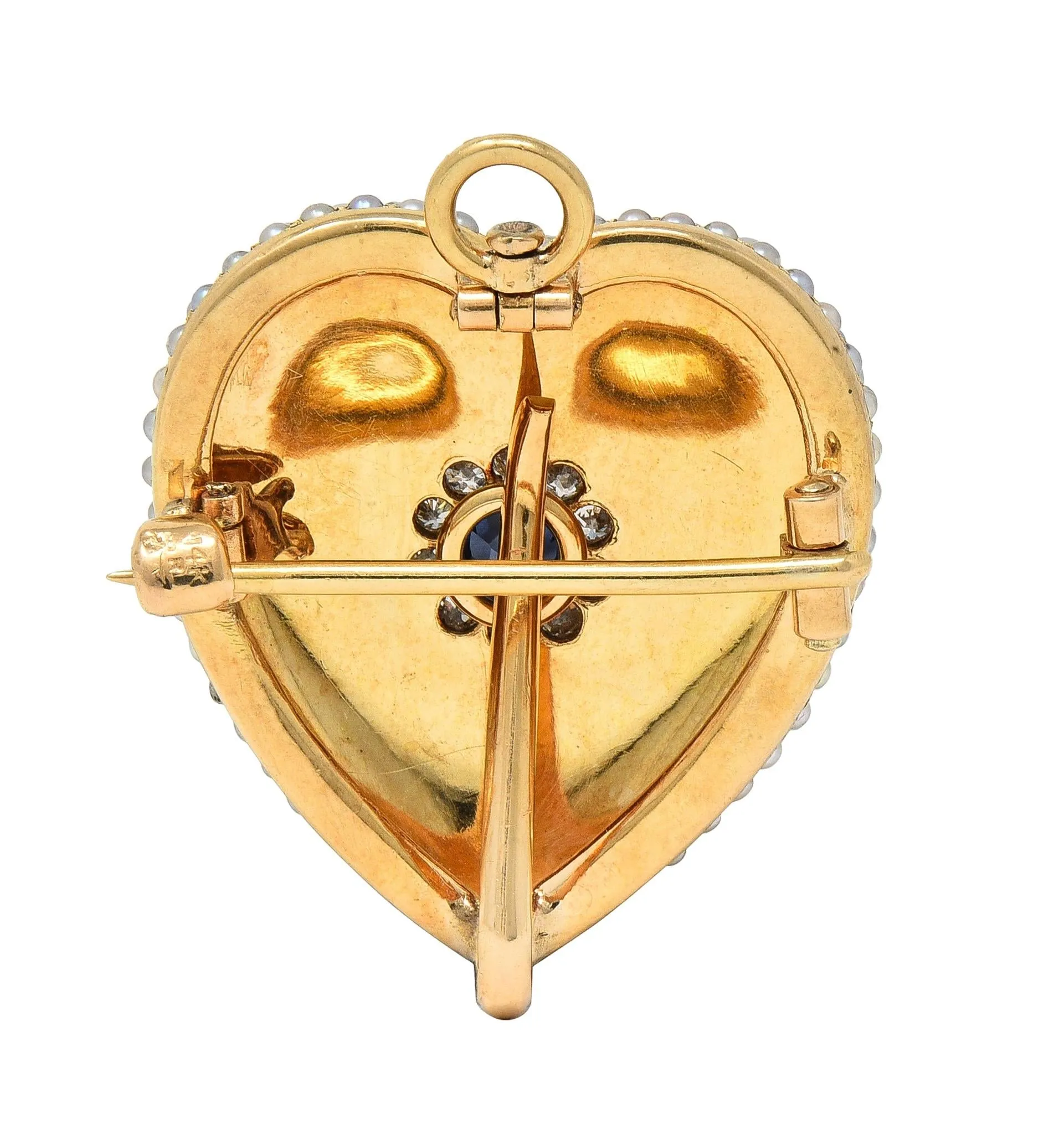 Riker Brothers Victorian Sapphire Diamond Pearl 14 Karat Gold Antique Heart Pendant Brooch