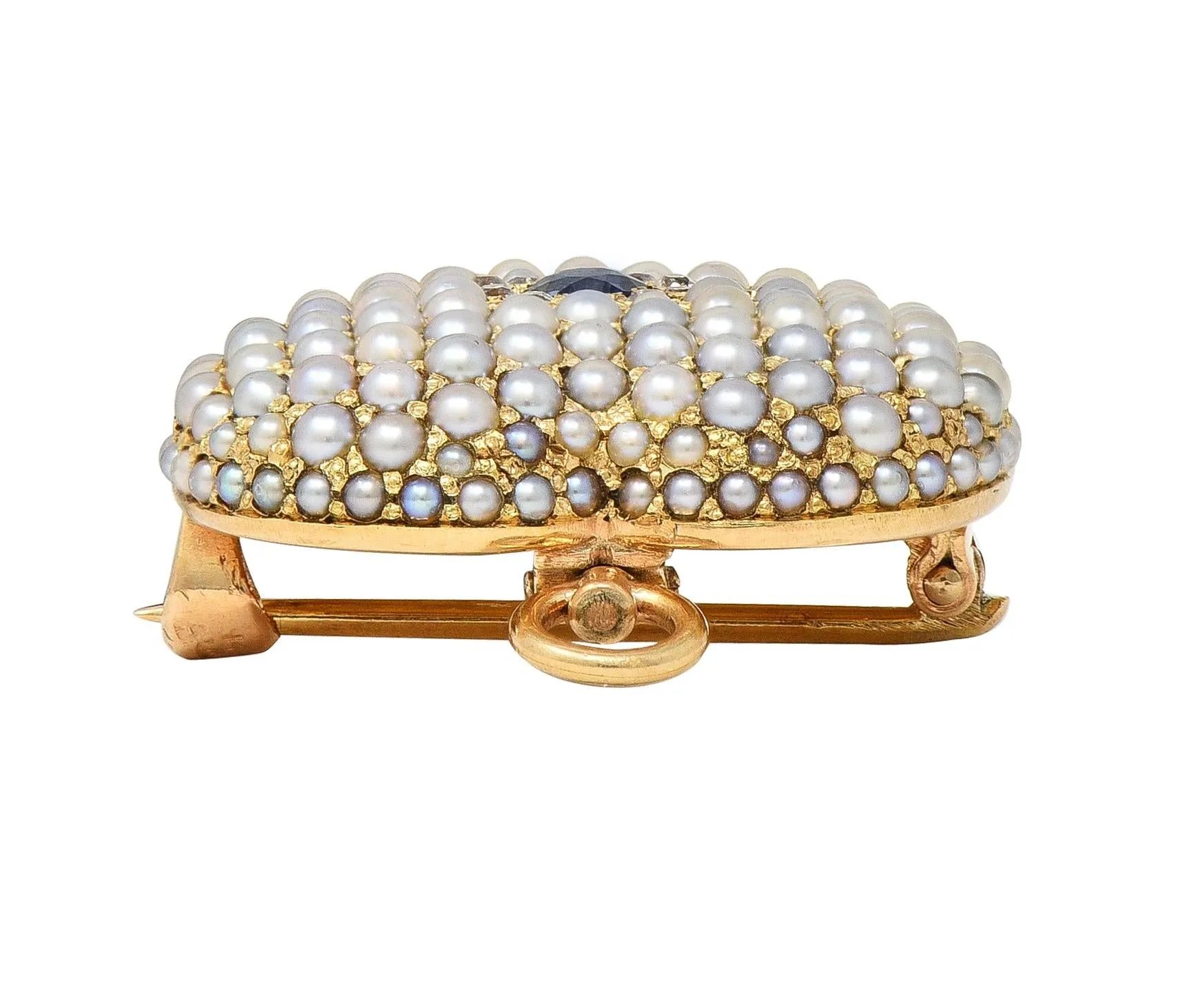 Riker Brothers Victorian Sapphire Diamond Pearl 14 Karat Gold Antique Heart Pendant Brooch