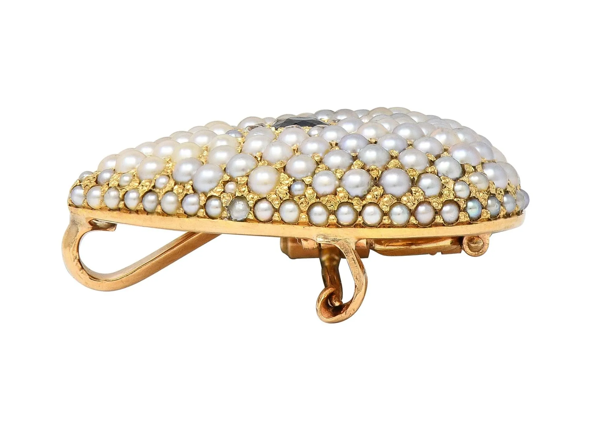 Riker Brothers Victorian Sapphire Diamond Pearl 14 Karat Gold Antique Heart Pendant Brooch