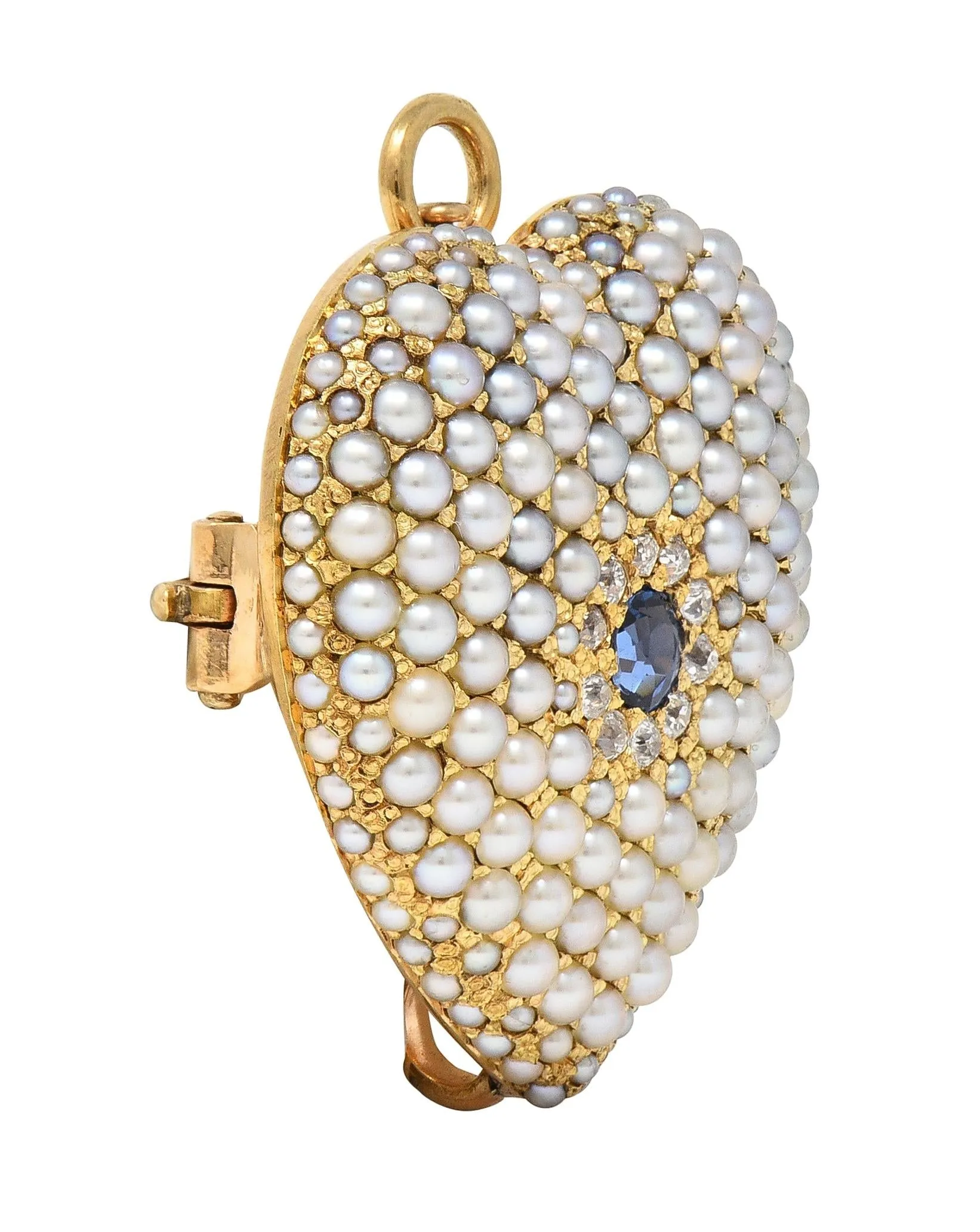 Riker Brothers Victorian Sapphire Diamond Pearl 14 Karat Gold Antique Heart Pendant Brooch