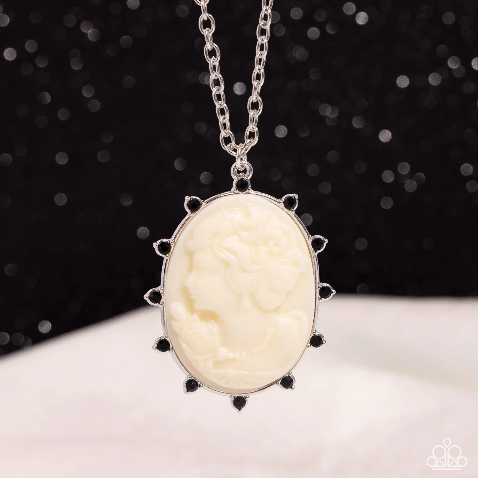 Romantic Artistry - Black - Rhinestone White Cameo Paparazzi Short Necklace