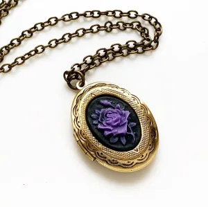 Rose Cameo Locket Necklace Purple / Bronze