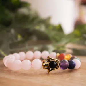 Rose Quartz Hamsa 7 Chakra Bracelet for Love & Balance