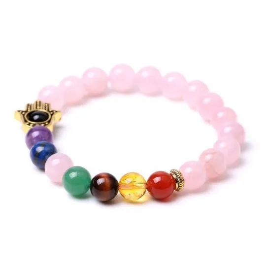 Rose Quartz Hamsa 7 Chakra Bracelet for Love & Balance