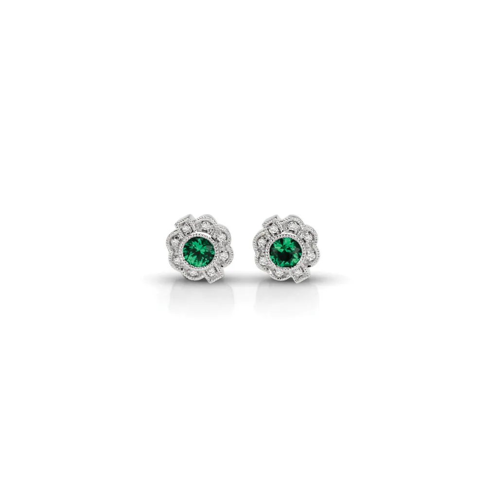 Round Emerald and Pavé Diamond Earrings