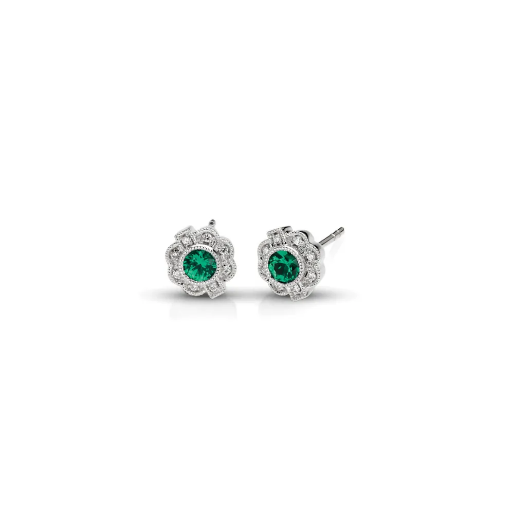 Round Emerald and Pavé Diamond Earrings
