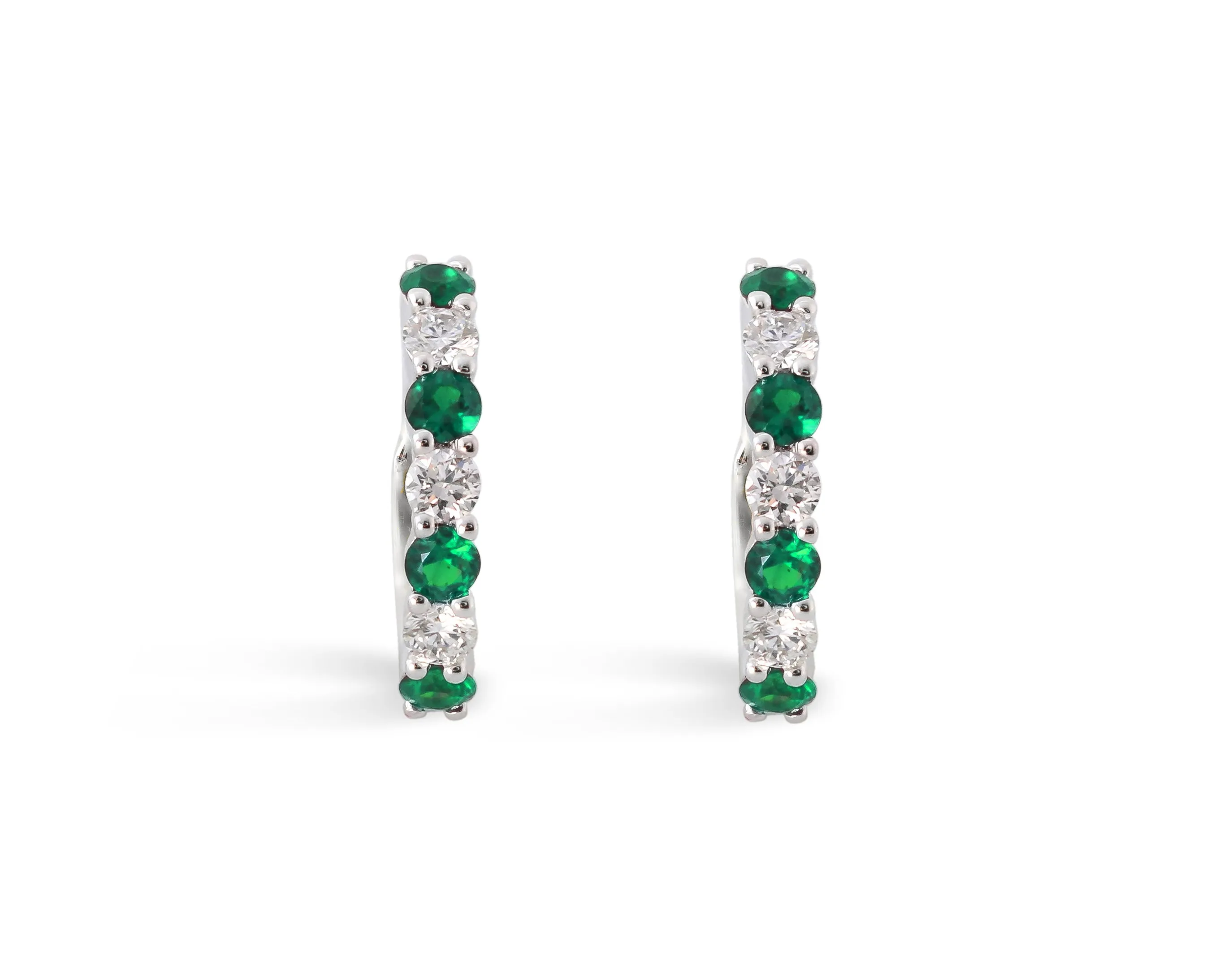 Round Shape Emerald and Diamond Huggie Earrings in 14K White Gold (.83ctw)