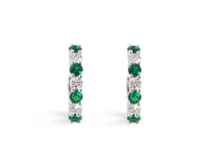 Round Shape Emerald and Diamond Huggie Earrings in 14K White Gold (.83ctw)