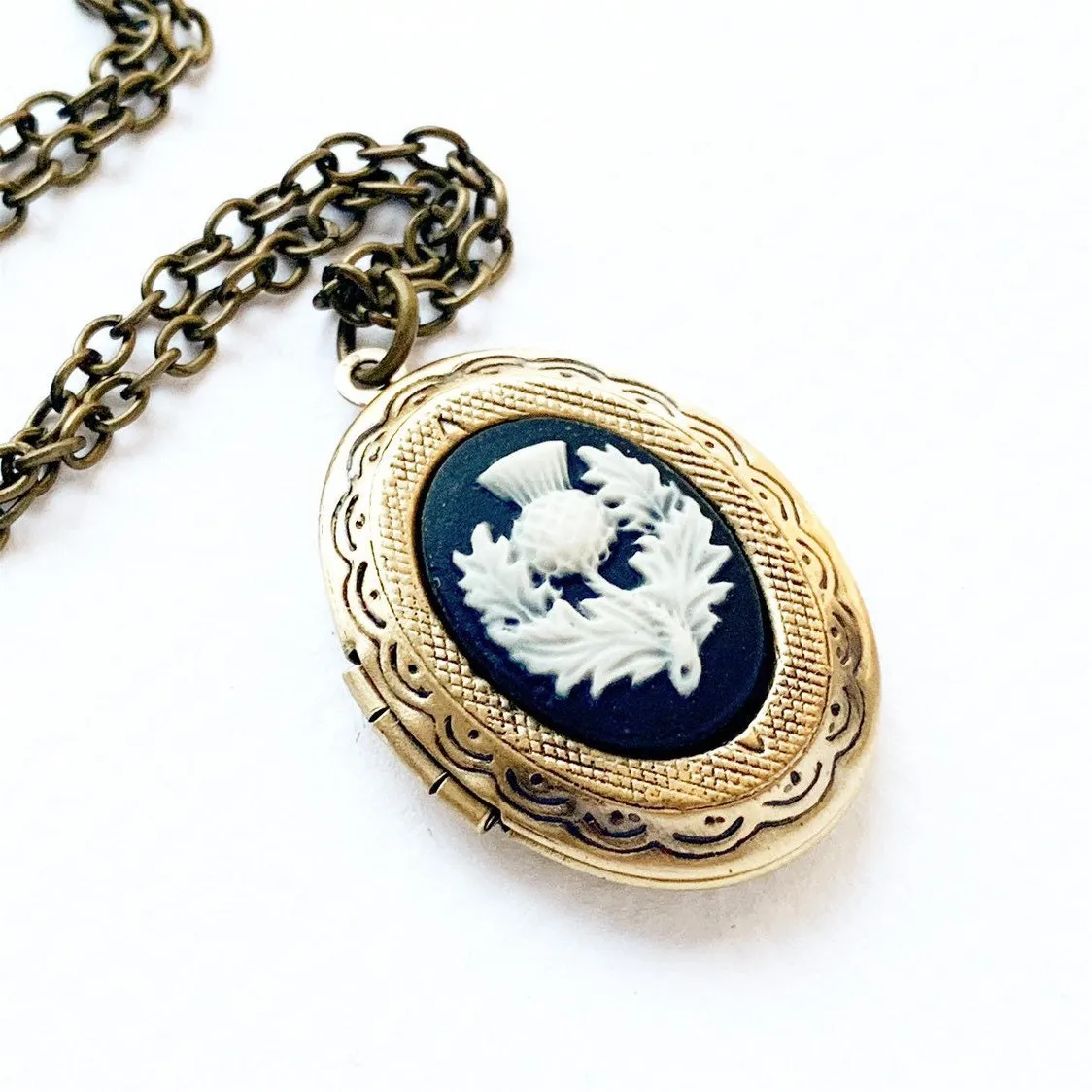 Scottish Thistle Cameo Locket Necklace in Bronze