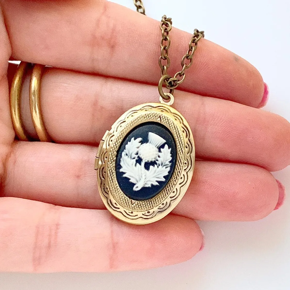 Scottish Thistle Cameo Locket Necklace in Bronze