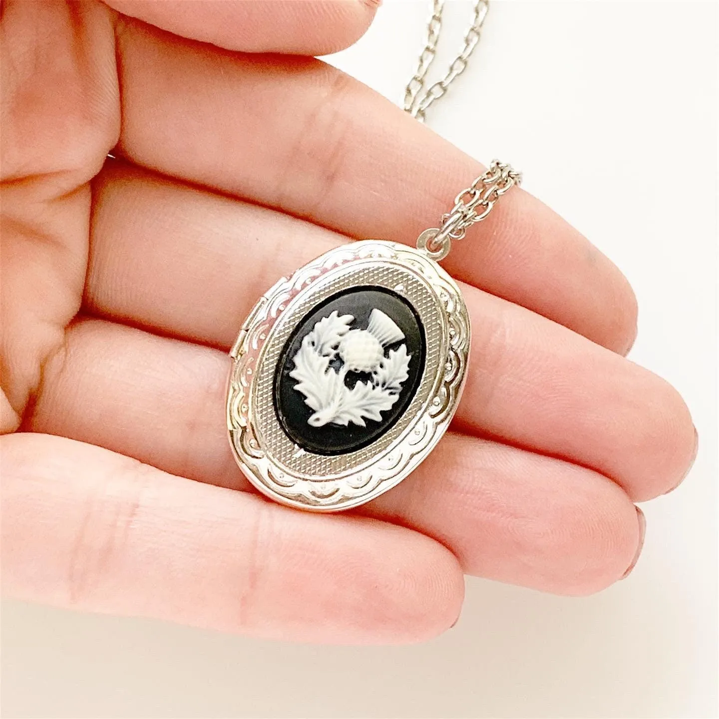 Scottish Thistle Cameo Locket Necklace - Silver