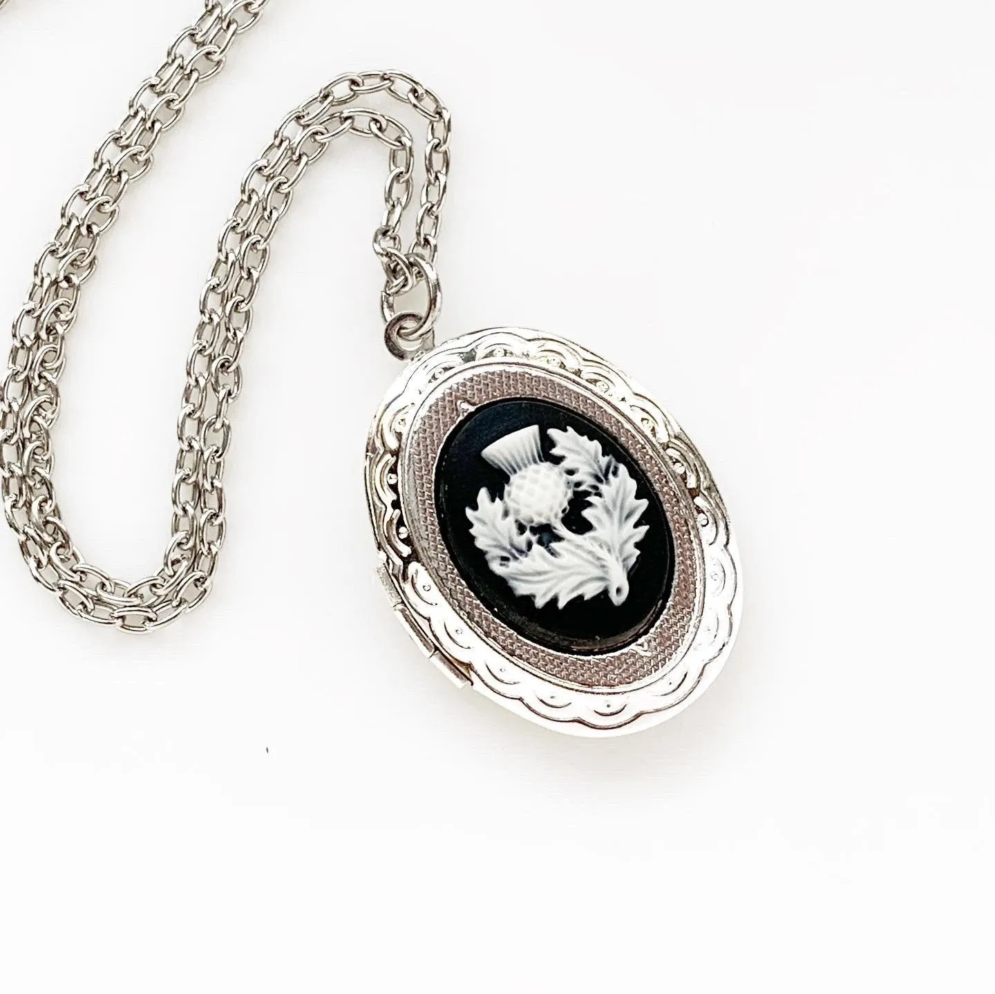 Scottish Thistle Cameo Locket Necklace - Silver