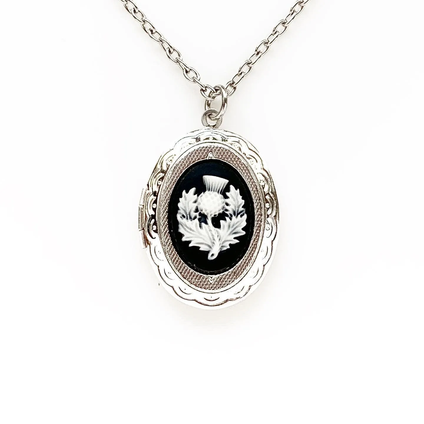 Scottish Thistle Cameo Locket Necklace - Silver