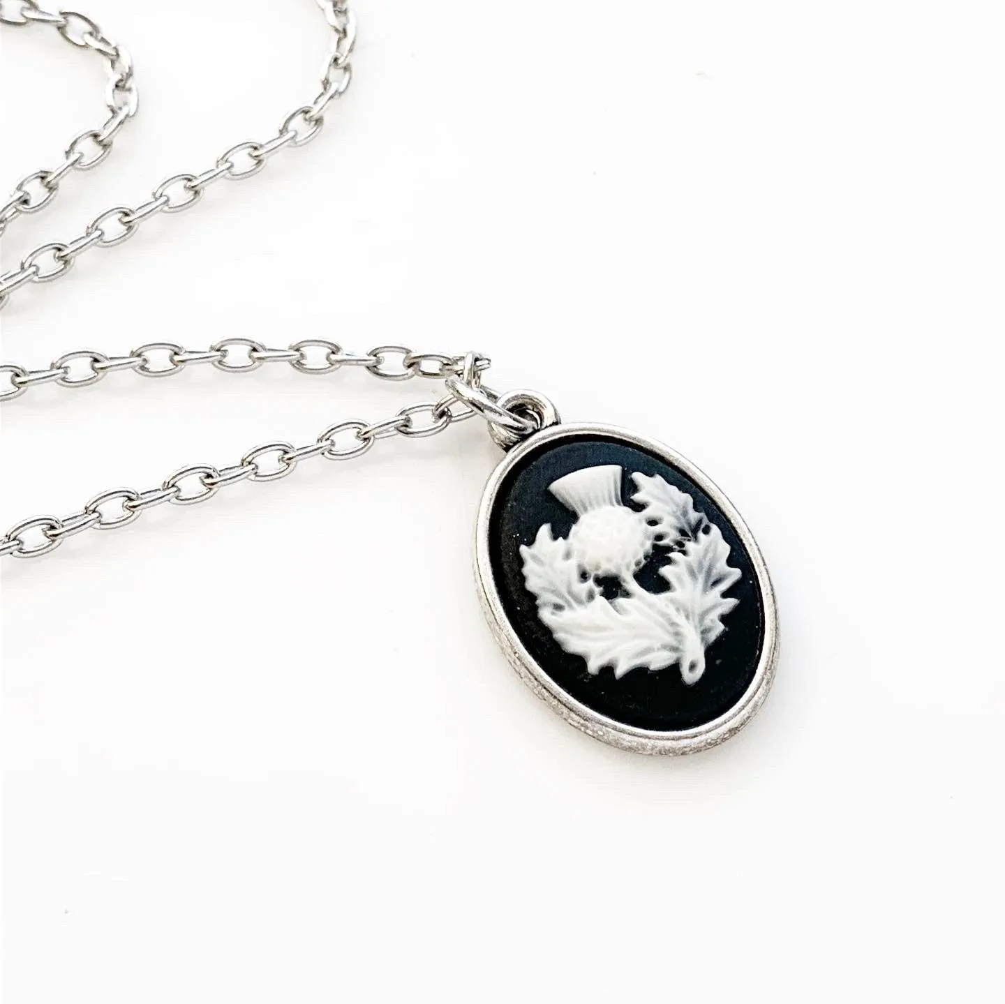 Scottish Thistle Cameo Necklace in Silver - Small Size