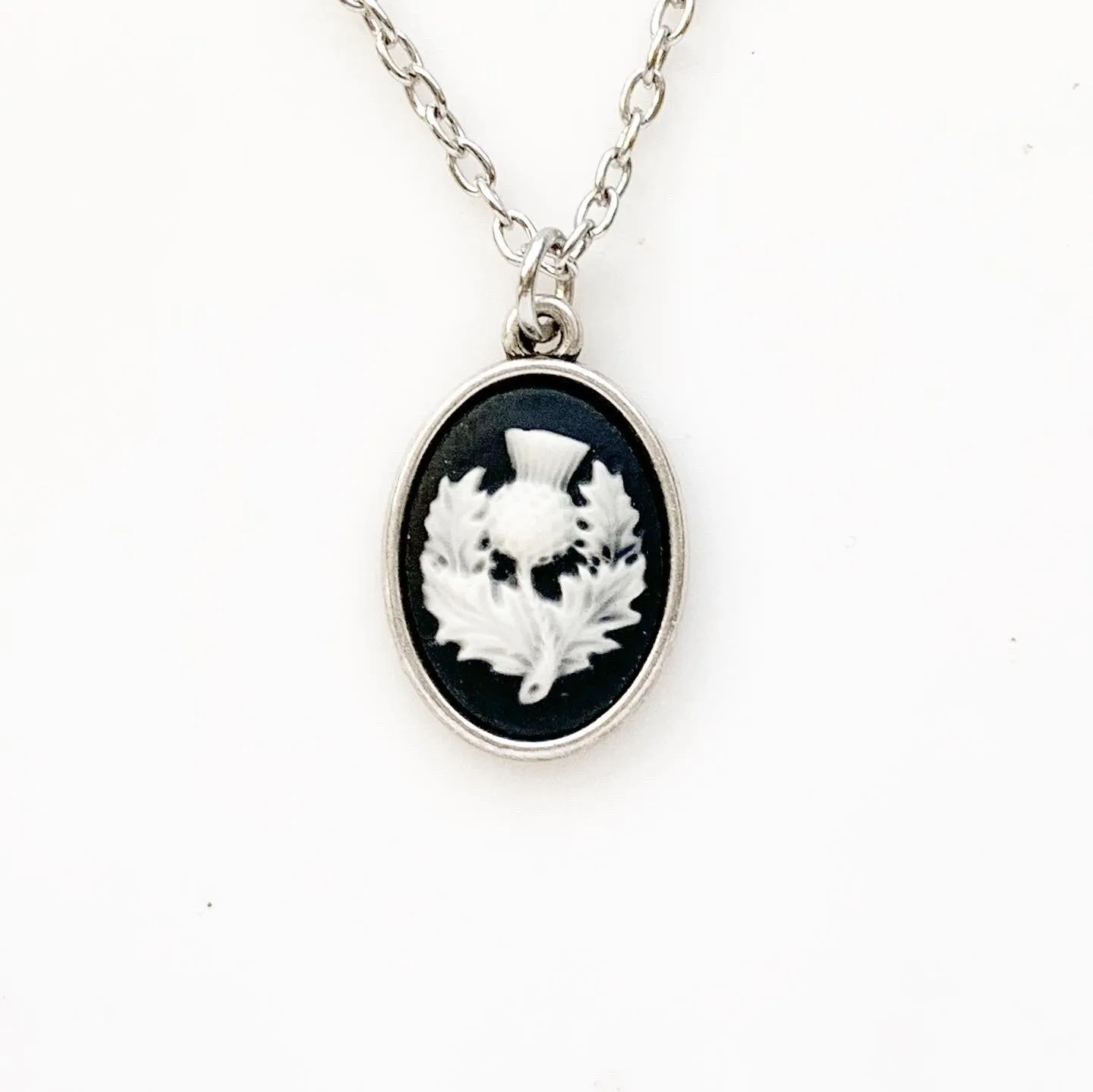 Scottish Thistle Cameo Necklace in Silver - Small Size