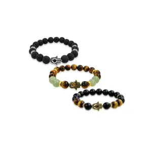 Set of 3 Talisman Amulet Stretch Bracelet Set with Gemstones & Hamsa Hand Charm