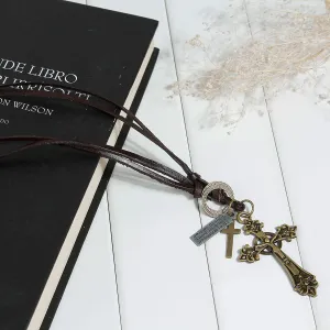 Sexy Sparkles Mens Vintage Cross Pendant Brown Leather Cord Adjustable Necklace Chain