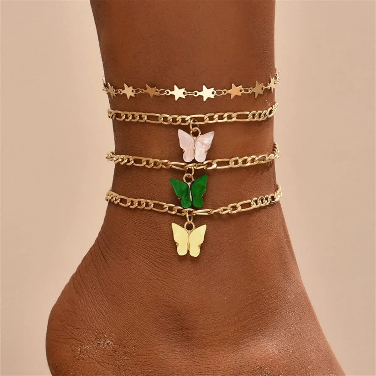 Shell & 18K Gold-Plated Butterfly Anklet Set
