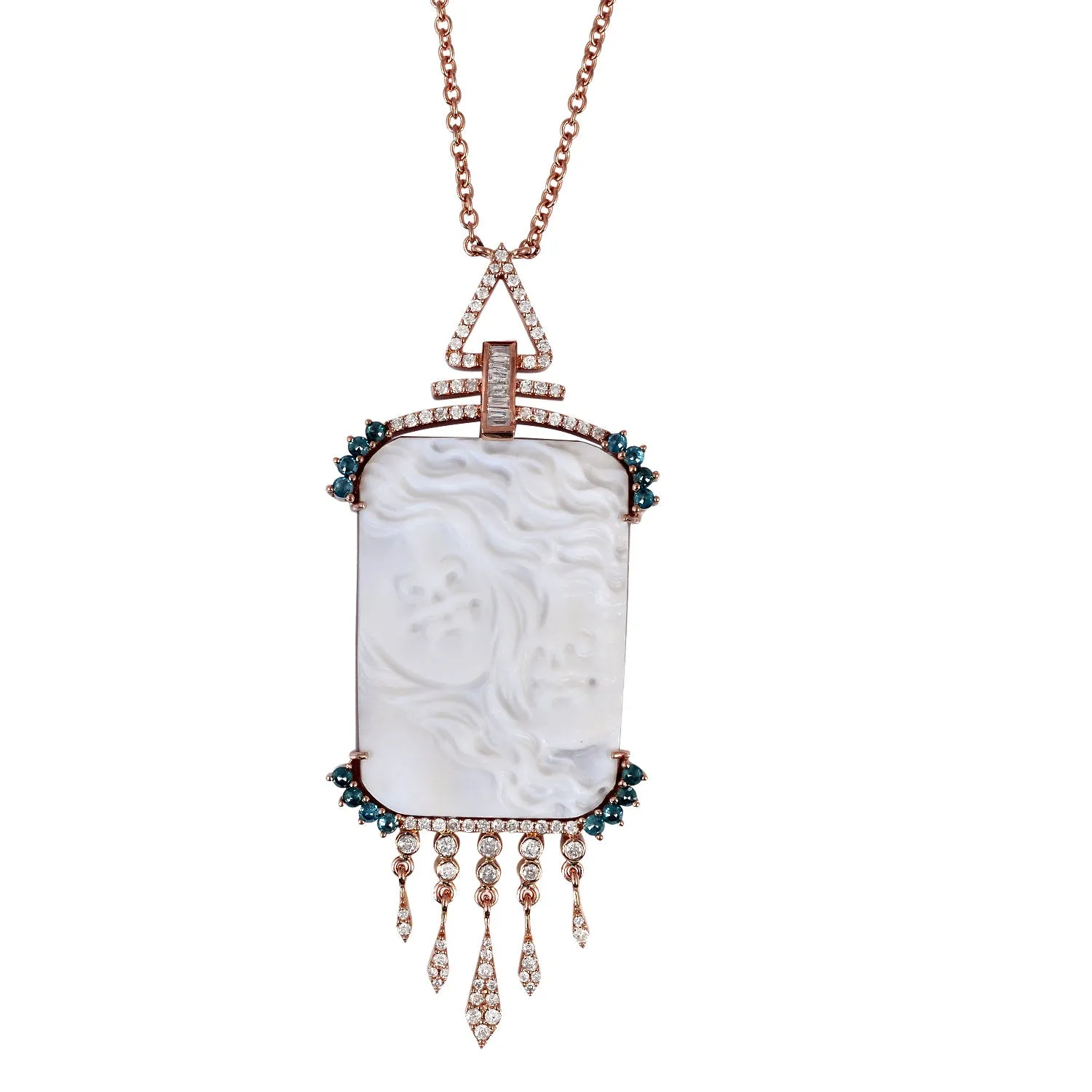 Shell Cameo Pave Diamond Designer Matinee Necklace In 18k Rose Gold