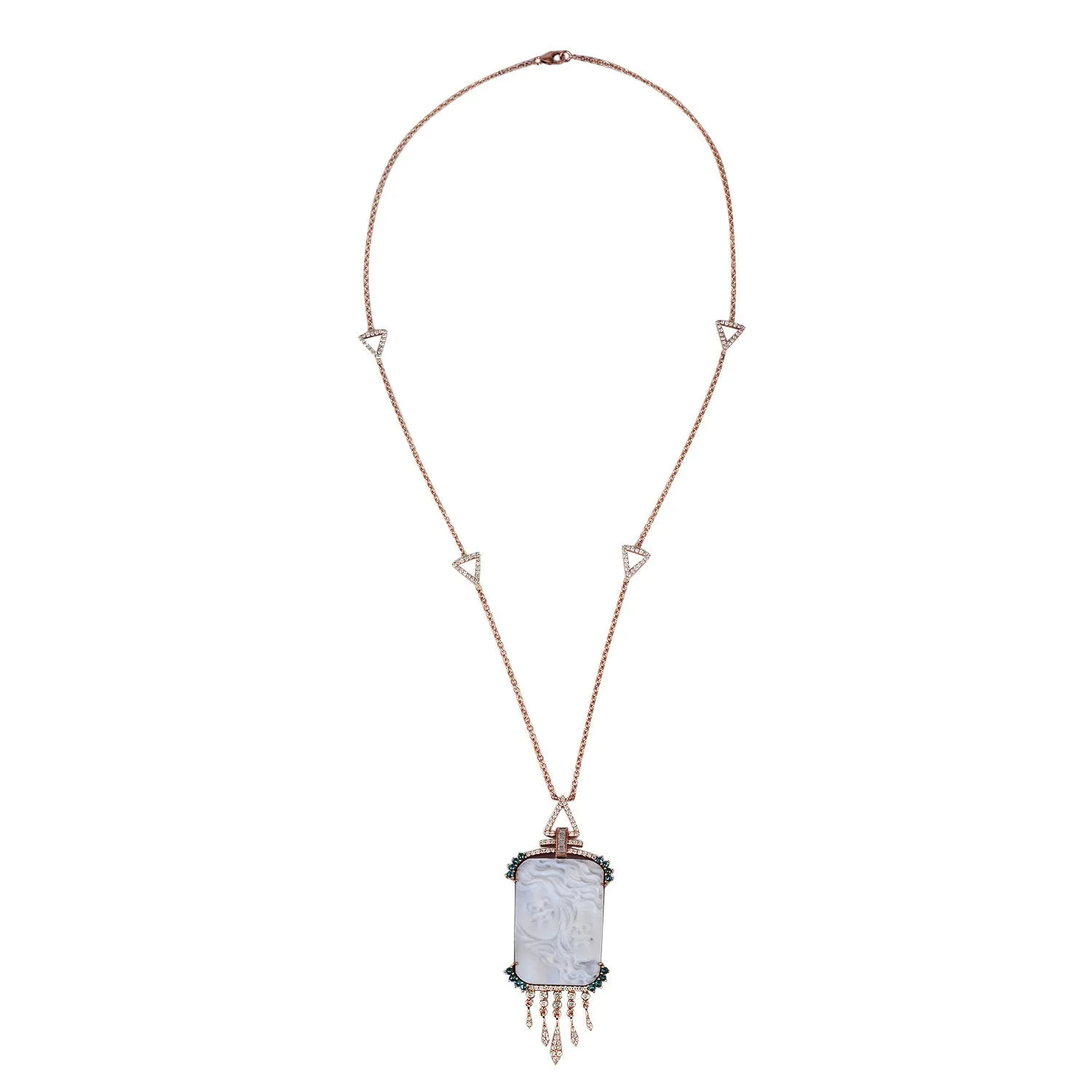 Shell Cameo Pave Diamond Designer Matinee Necklace In 18k Rose Gold